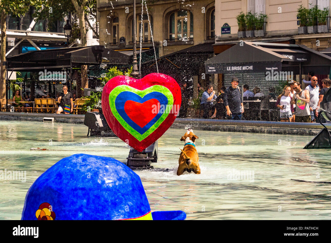 Un chien joue dans la Fontaine Stravinsky, à côté du Centre Pompidou, Paris, France Banque D'Images