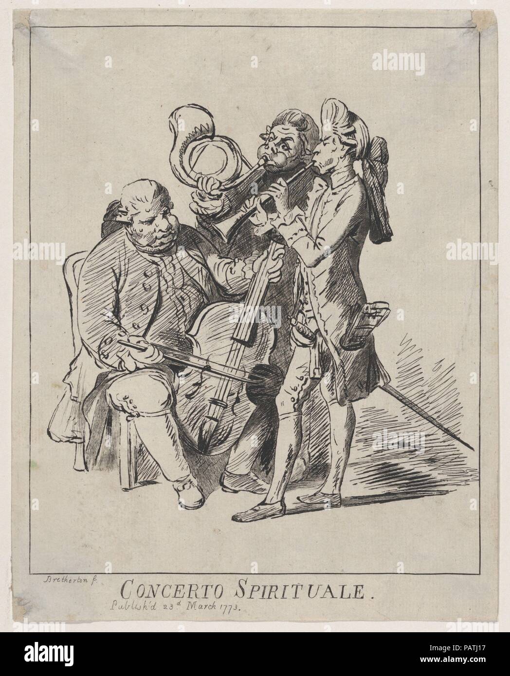 Concerto Spirituale. Artiste : Après Henry William Bunbury (British, Suffolk 1750-1811 Keswick, Cumberland) ; James Bretherton (britannique, active 1750-99). Fiche technique : Dimensions : 9 15/16 x 7 7/8 in. (25,3 x 20 cm). Sitter : représente probablement Carl Friedrich Abel (allemand, Köthen 1723-1787 Londres) ; représente peut-être Johann Christian Bach (allemand, 1735-1782) ; Johann Christian Fisher (allemand, ca. 1733-1800) ; représente probablement Giovanni Punto (Bohème, 1746-1803). Date : mars 23, 1773. Concerts de musique religieuse ont été effectuées régulièrement au Theatre Royal Covent Garden, dans les années 1770. Bun Banque D'Images