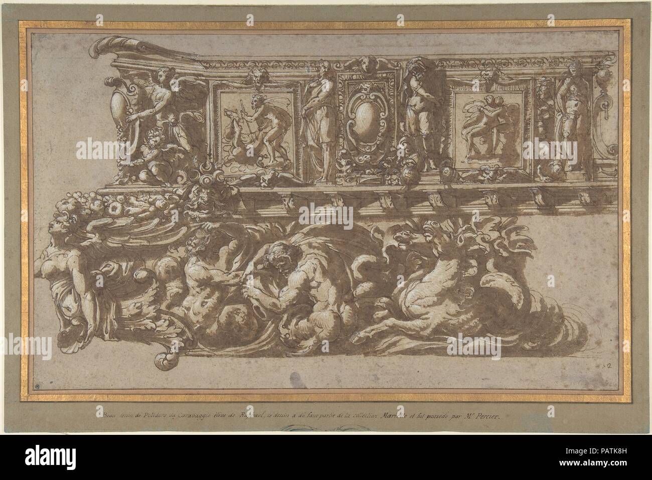 Conception d'un flotteur Festival ou barge. Artiste : Cercle de Perino del Vaga (Pietro Buonaccorsi (Italien), Florence Rome 1501-1547) ; éventuellement par Prospero Fontana (Italien, Bologne Bologne 1512-1597). Fiche Technique : Dimensions : 10 1/4 x 16 7/8 in. (26,1 × 42,8 cm) : Montage en 3/8 12. × 18 11/16 in. (31,4 × 47,4 cm). Date : ca. 1530-40. Une autre étude avec quelques variations pour cette construction décorative, qui pourrait bien avoir été destiné à un festival flottant, se trouve au Musée des Beaux-Arts, Rennes (inv. C 65.1). Les deux dessins de New York et de rennes ont une attribution traditionnelle à Polidoro da Cara Banque D'Images
