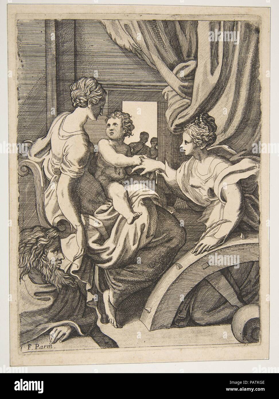 Le mariage mystique de Sainte Catherine. Artiste : Anonyme, Italien, 16e siècle ; après Parmigianino (Girolamo Francesco Maria Mazzola), Italien (1503-1540) ; Casalmaggiore Parme Après Giulio Bonasone (Italien, actif à Rome et Bologne, 1531-après 1576). Dimensions : plaque : 8 1/16 x 5 13/16 in. (20,5 x 14,8 cm) feuille : 8 1/2 x 6 1/4 in. (21,6 x 15,8 cm). Date : ca. 1560-1600. Musée : Metropolitan Museum of Art, New York, USA. Banque D'Images