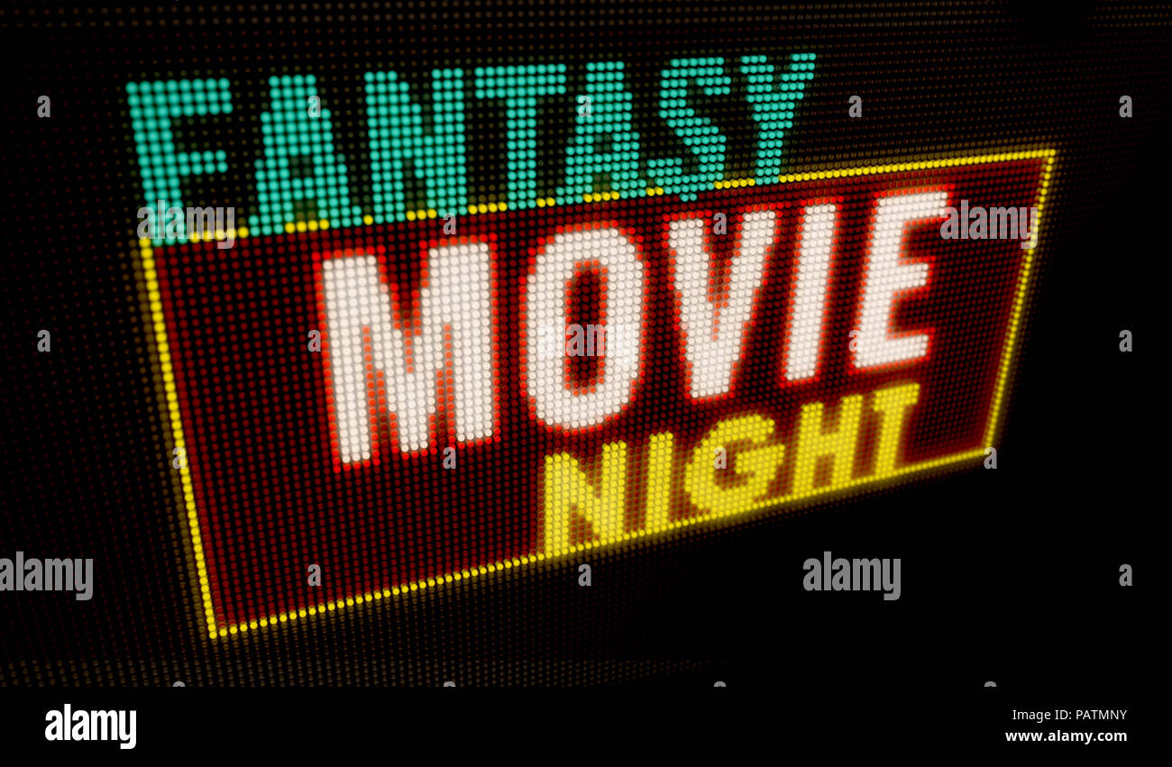 Fantasy film rétro éclairé de nuit intro lettres néon sur grand écran avec de grands pixels. La lumière vive du texte sur l'affichage des ampoules. Événement de divertissement adv Banque D'Images