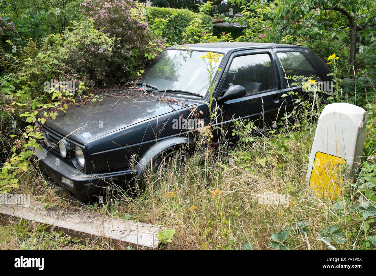 Voiture à moteur essence abandonnés sous-bois. Banque D'Images