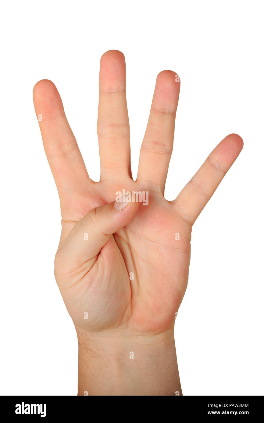 La main paume ouverte mâle geste avec quatre doigts isolé sur fond blanc. Compter trois doigts Banque D'Images