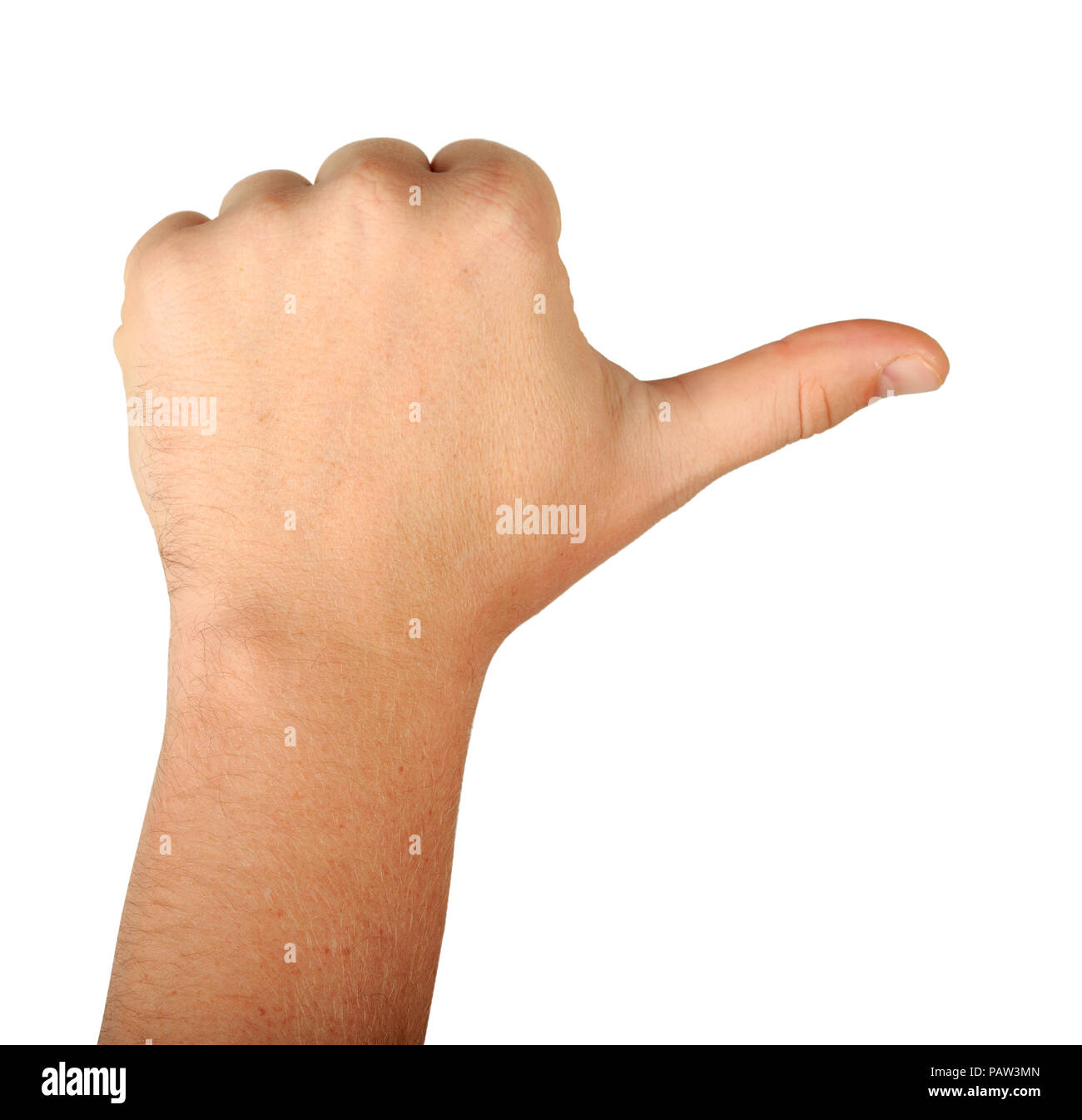 Main mâle geste avec trois doigts vue arrière isolé sur fond blanc. Comptez un doigt. thumb up Banque D'Images