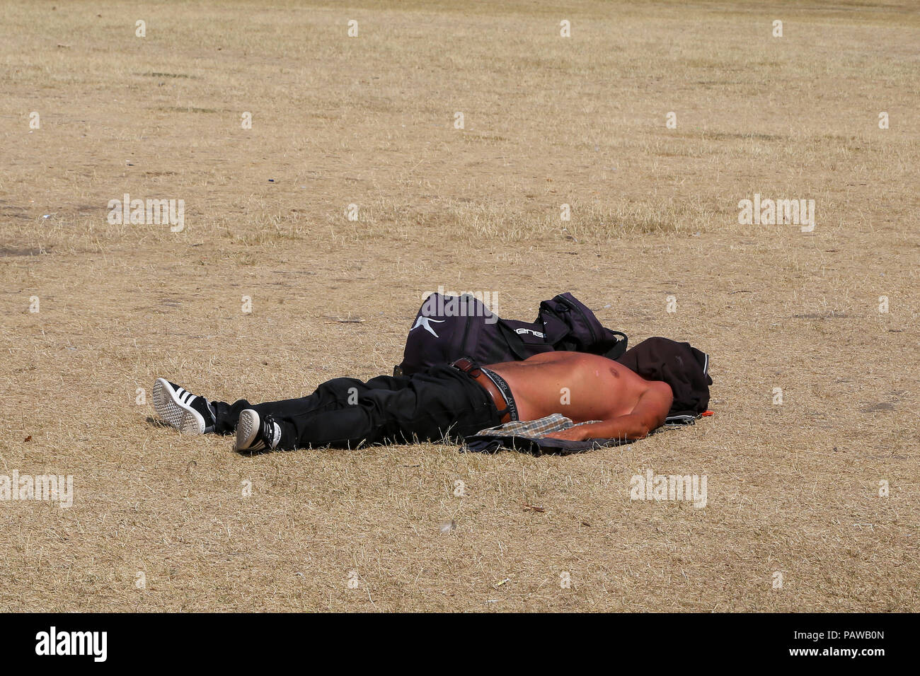 Hyde Park. Londres. UK 25 Juillet 2018 - Un homme de soleil sur l'herbe desséchée Hyde Park sur une journée très chaude et humide dans la capitale. D'après le Met Office la température de Londres et du sud-est est susceptible d'atteindre 35 degrés celsius le jeudi. Credit : Dinendra Haria/Alamy Live News Banque D'Images