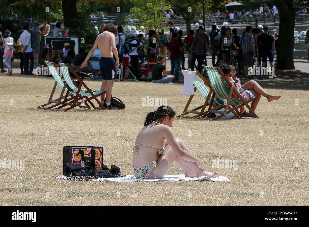 Hyde Park. Londres. Royaume-uni 25 juin 2018 - Les touristes à Hyde Park sur une journée très chaude et humide dans la capitale. D'après le Met Office la température de Londres et du sud-est est susceptible d'atteindre 35 degrés celsius le jeudi. Credit : Dinendra Haria/Alamy Live News Banque D'Images