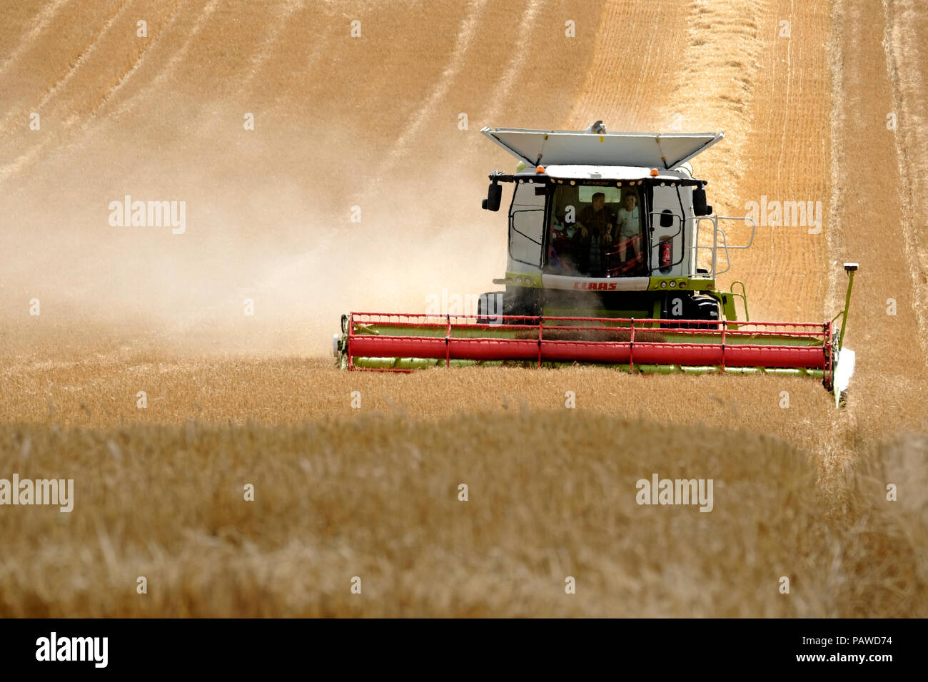 Kelso, Ecosse, 25 juillet 2018. Moissonneuse-batteuse dans Scottish Borders Tom Stewart (L) avec une main ferme de Sandyknowe Farm, près de Kelso dans les Scottish Borders, dans un rendmt Lexion Claas 660 Vario 770 avec barre de coupe à la moissonneuse-batteuse, qui travaillent dans les champs près de sa ferme, le mercredi 25 juillet 2018. (Photo de Rob Gray / offres de crédit) : Rob Gray/Alamy Live News Banque D'Images