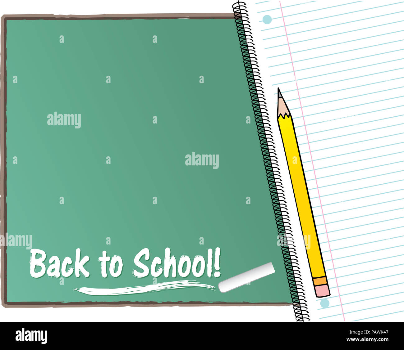 Retour à l'école modèle avec le bloc-notes et tableau Banque D'Images