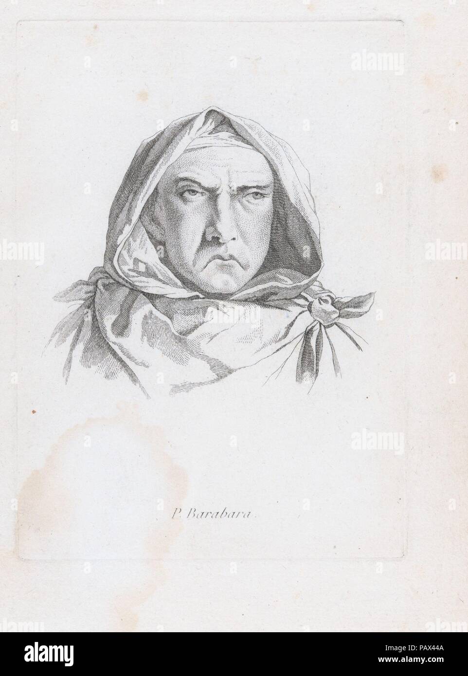 Portrait de P. Barabara. Artiste : Après Guillaume Thiemet (français, actif ca. 1781/88). Fiche Technique : Dimensions : 11 × 1/8 7 7/8 in. (28,3 × 20 cm) Plaque : 7 5/8 x 5 7/16 in. (19,3 × 13,8 cm). Date : seconde moitié du 18e siècle. Cette impression est lié dans un album composé de seize premières impressions et une impression ultérieure de la Live de Jully's 'Recueil de caricatures', gravé ca. Après 1754 dessins par Jacques François Joseph Saly, huit caricatures après Thiemet gravé, et deux impressions anonyme d'un homme debout et femme debout. Musée : Metropolitan Museum of Art, New York, USA. Banque D'Images