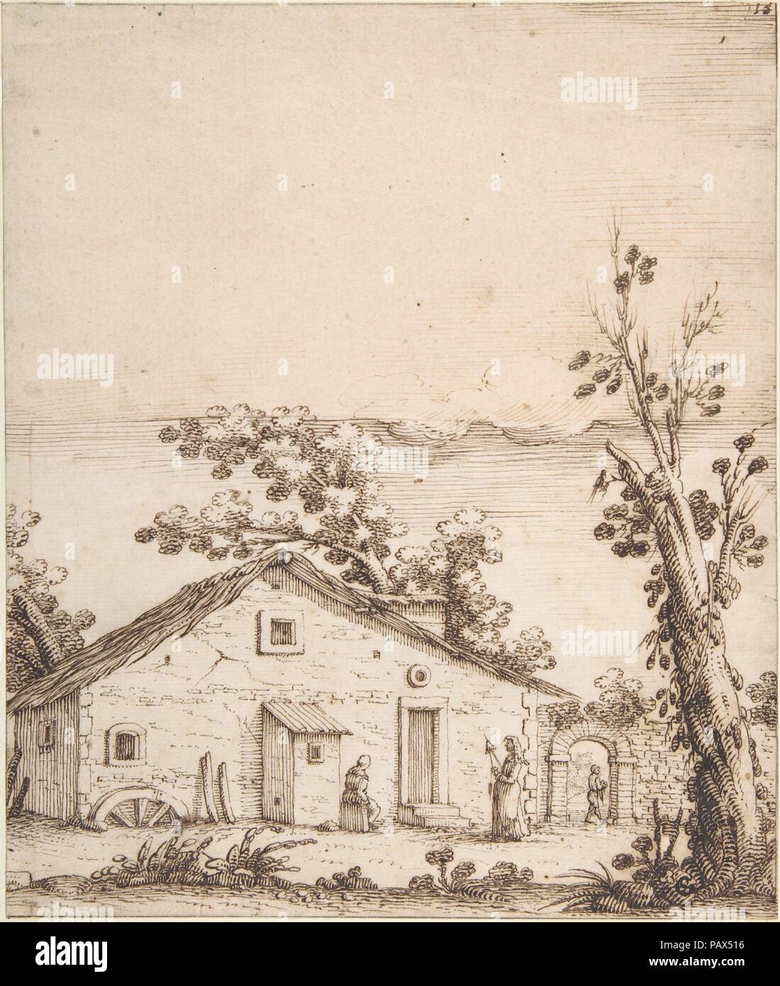 Trois chiffres par une habitation rustique. Artiste : Remigio Cantagallina (Italien, Borgo Sansepolcro ca. Florence 1582-1656). Dimensions : 8 x 6 3/16 en 15-16. (20.8 x 17.6cm). Date : 1582-1656. Musée : Metropolitan Museum of Art, New York, USA. Banque D'Images