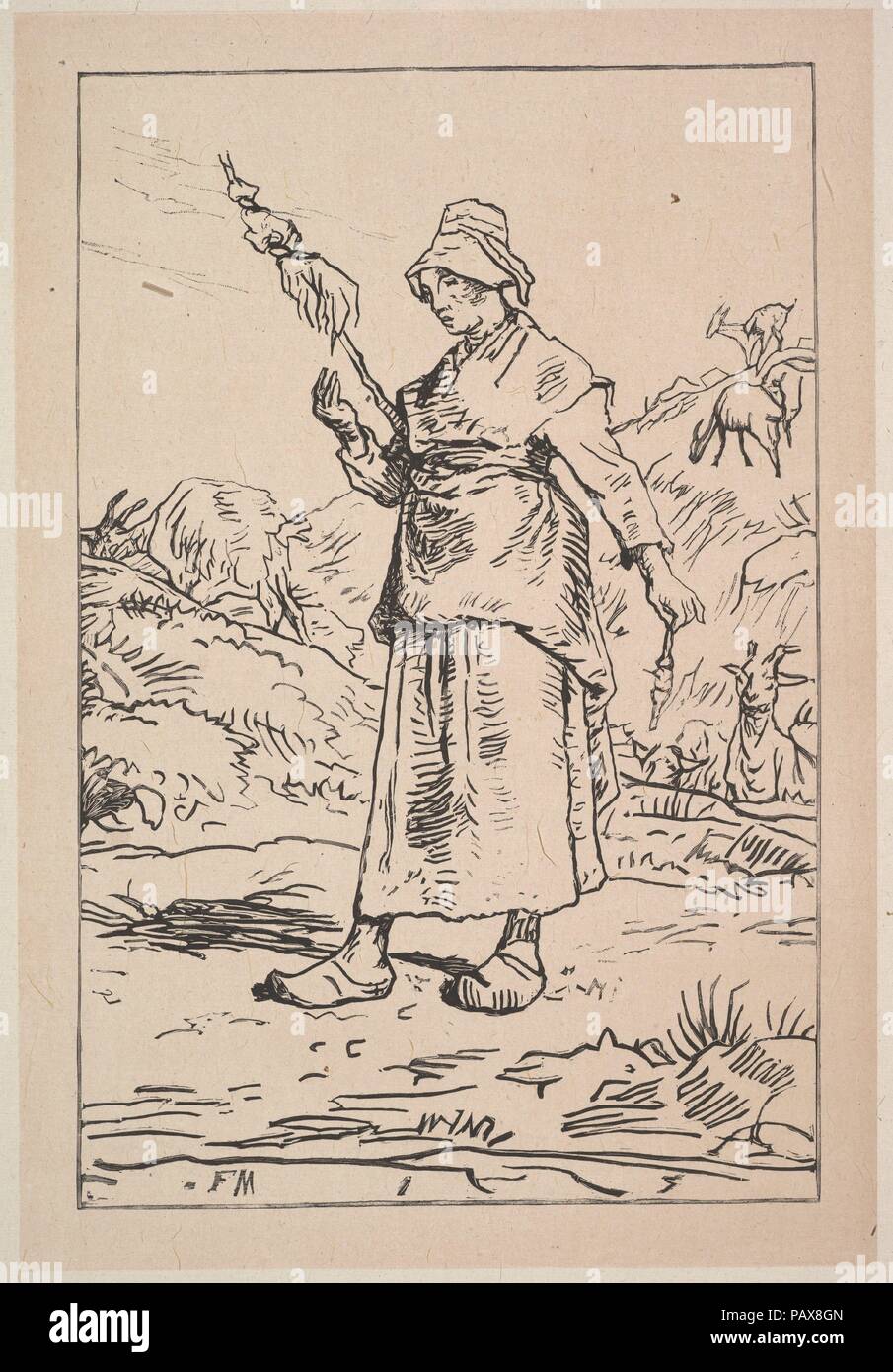 Spinner de l'Auvergne. Artiste : Après Jean-François Millet (Gruchy, français 1814-1875) Barbizon. Dimensions : Image : 8 5/8 x 5 7/8 in. (21,9 × 15 cm) : 9 Feuille 5/8 × 12 1/16 in. (24,4 × 30,6 cm). Date : 1830-99. Musée : Metropolitan Museum of Art, New York, USA. Banque D'Images