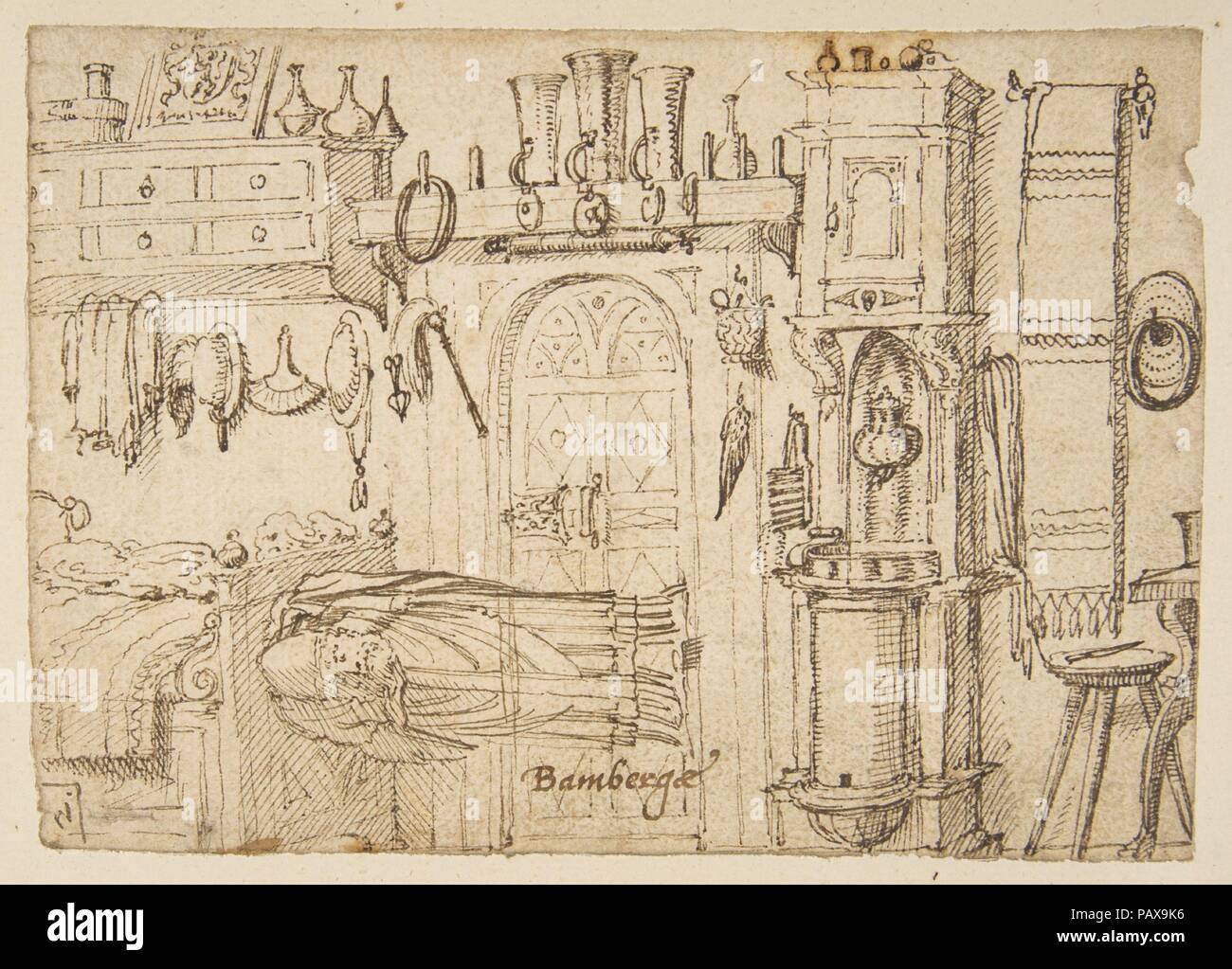 Fiches d'étude avec des croquis de l'intérieur, d'animaux, sculptures, figures, notes. Artiste : anonyme, l'allemand, 16e siècle , Bamberg ( ?). Dimensions : chaque feuille : 4 1/8 x 6 5/16 in. (11 x 15,5 cm). Date : le 16ème siècle. Musée : Metropolitan Museum of Art, New York, USA. Banque D'Images