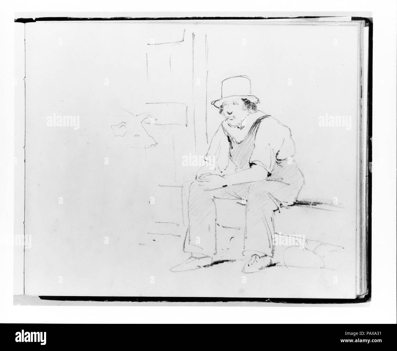 Homme assis ; Esquisse d'une tête de cochon (de Sketchbook). Artiste : Francis William Edmonds (American, Hudson, New York 1806-1863 Bronxville, New York). Dimensions : 6 5/8 x 8 in. (16,8 x 20,3 cm). Date : ca. 1838 et après. L'exécution d'esquisses et d'études était une partie cruciale du processus créatif de Edmonds. Beaucoup de ses dessins existent comme œuvres indépendantes--apparemment jamais pris d'autres--mais bien d'autres représentent un premier pas dans sa conception pour les peintures. Ce carnet, qu'il a commencé à propos de 1838, comprend les deux types de dessins d'une variété de sujets. Musée : Metropolitan Museum of Art, Banque D'Images