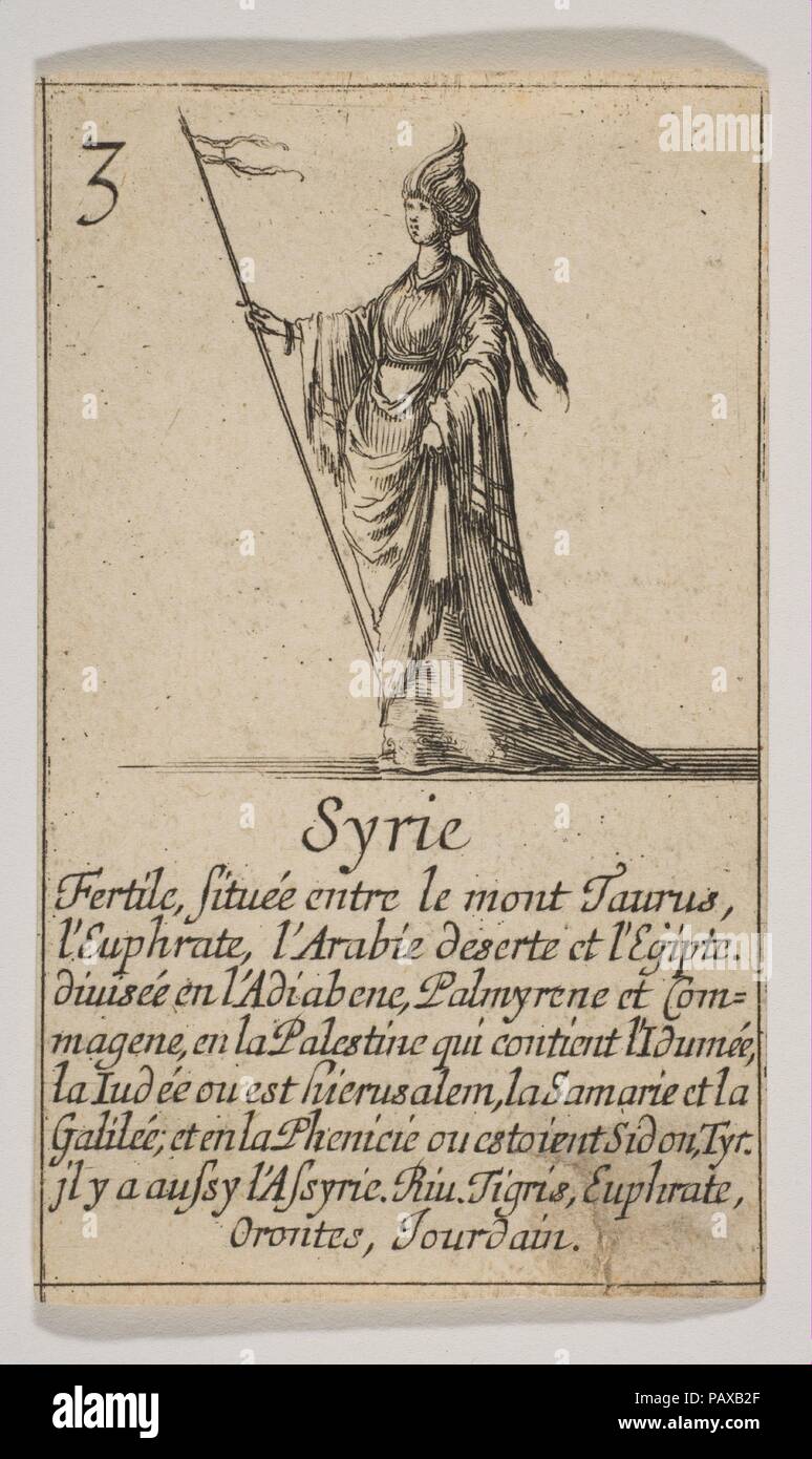 Syrie. Artiste : découpe par Stefano della Bella (Florence, Italie Florence 1610-1664) ; conçu par Jean Desmarets de Saint-Sorlin (Français, 1595-1676). Dédicataire : Fait de Louis XIV, roi de France (français, Saint-Germain-en-Laye Versailles 1638-1715). Mécène : commandé par le Cardinal Jules Mazarin (en italien, Piscina 1602-1661 Vincennes). Editeur : Publié par Henri Le Gras (Français). Series/portefeuille : Jeu de la géographie. Date : 1644. Musée : Metropolitan Museum of Art, New York, USA. Banque D'Images