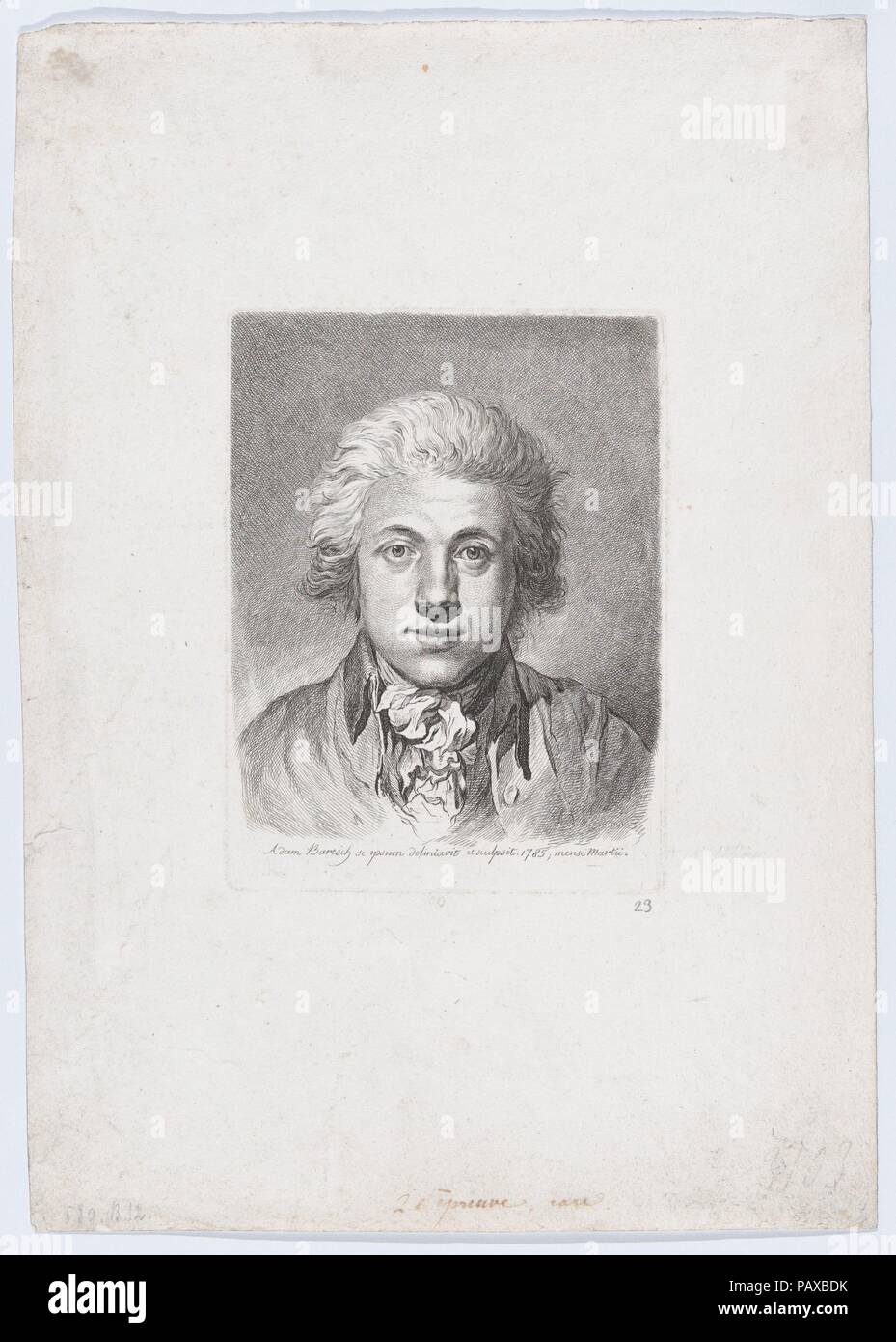 Self-Portrait. Artiste : Adam von Bartsch (Vienne, Autriche Vienne 1757-1821). Dimensions : Plateau : 6 5/8 x 5 in. (16,9 × 12,7 cm) feuille : 13 3/4 x 9 5/8 in. (35 × 24,5 cm). Date : 1785. Musée : Metropolitan Museum of Art, New York, USA. Banque D'Images