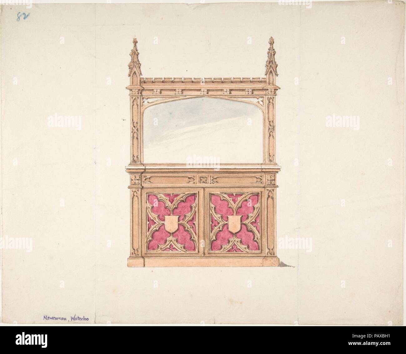Design pour meuble avec miroir de style gothique. Artiste : Anonyme,  britannique, 19e siècle. Fiche Technique : Dimensions : 9 x 11 7/16 13/16  in. (24 x 30 cm). Date : début