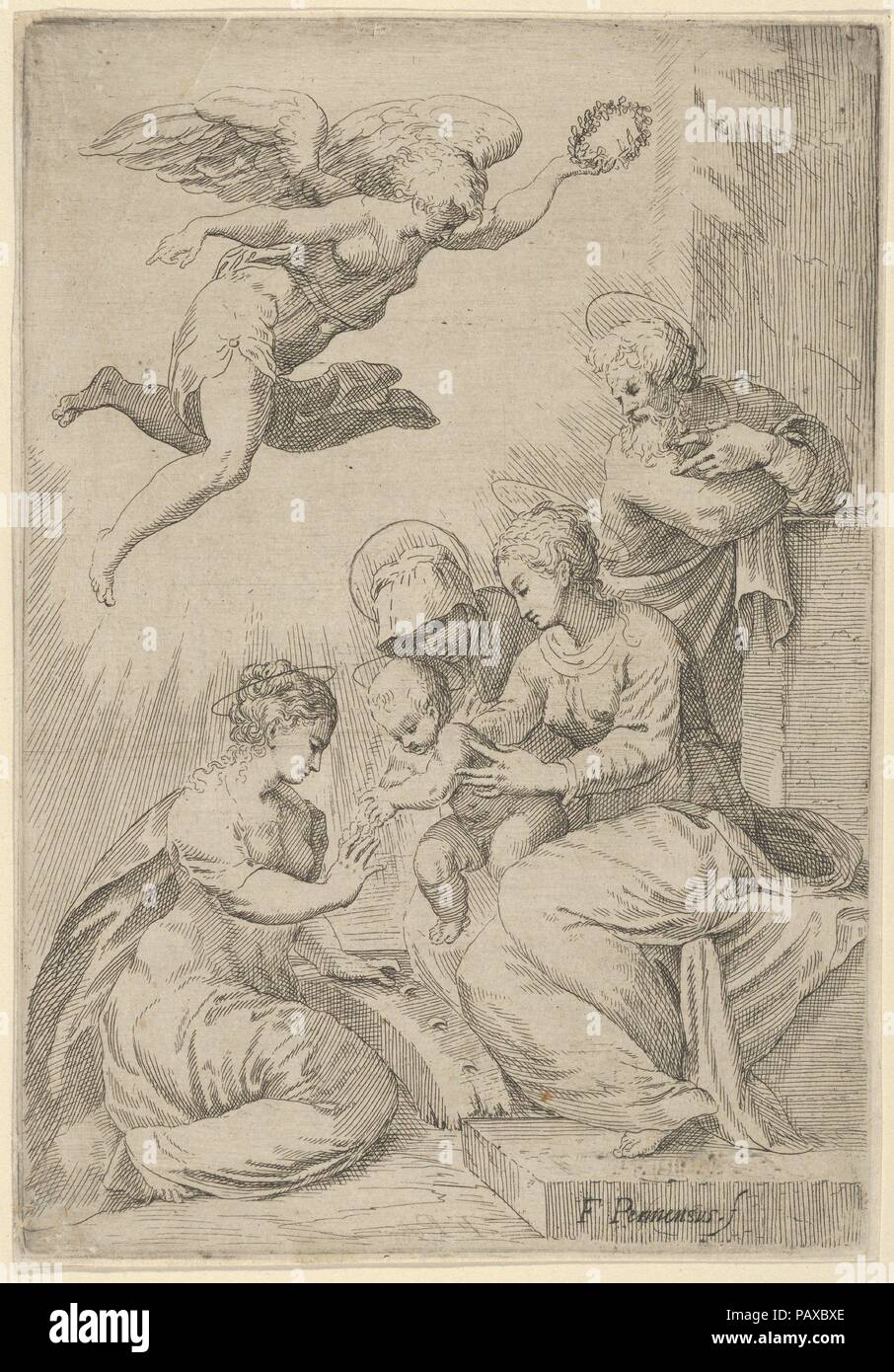 Le Mariage mystique de Sainte Catherine. Artiste : Après Andrea Schiavone (Andrea Meldola (Italien), Zadar (Zara) ca. 1510 ?-1563 Venise) ; Après un design by Parmigianino (Girolamo Francesco Maria Mazzola), Italien (1503-1540) ; Casalmaggiore Parme après Marco Angolo del Moro (Italien, ( ?) ca. 1537-après 1586). Fiche Technique : Dimensions : 6 3/4 x 4 3/4 in. (17,2 × 12 cm). Date : le 16ème siècle. Copie d'une marche arrière imprimer par Marco Angolo del Moro après Schiavone. Schiavone a basé son impression sur un dessin de Parmigianino. Musée : Metropolitan Museum of Art, New York, USA. Banque D'Images