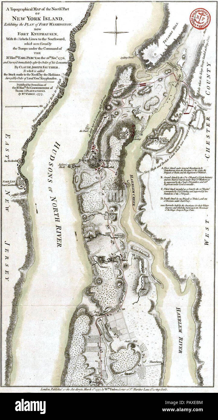 Une carte topographique du Nord. Une partie de l'île de New York, présentant le Plan de Fort Washington Fort Knyphausen maintenant avec les lignes rebelles au Sud. Banque D'Images