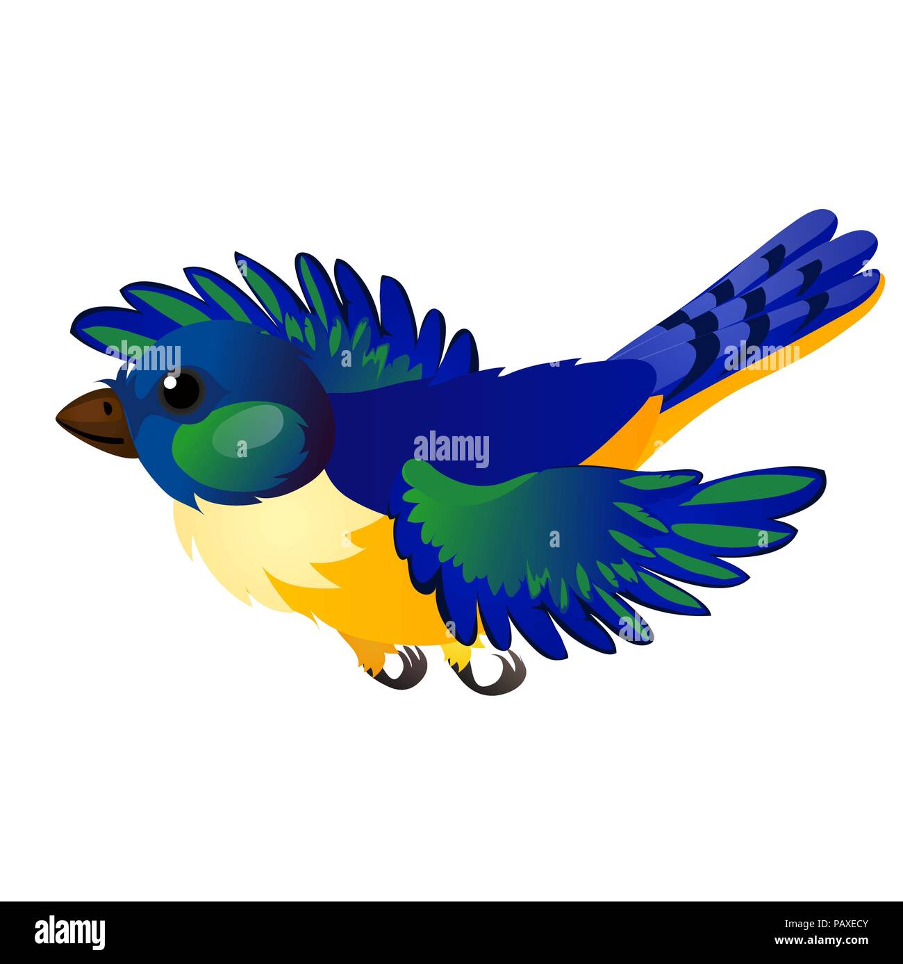 Flying Blue animated bird isolé sur fond blanc. Cartoon Vector illustration close-up. Illustration de Vecteur
