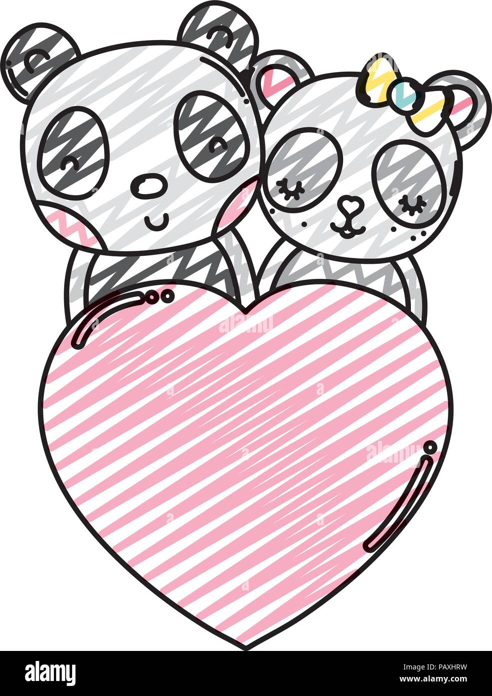 Doodle panda couple avec coeur love sign Illustration de Vecteur