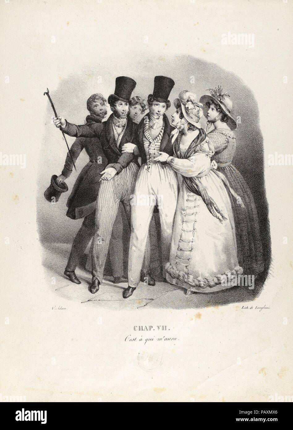 Chapitre VII : C'est à qui m'aura (qui demande le moi ?). Artiste : Victor Adam (Français, 1801-1866). Dimensions : 14 × 10 1/4 1/16 in. (36,2 × 25,5 cm). Lithographe : Langlumé (français, actif 1819-30). Editeur : Duval et Sazerac , Paris. Series/Portfolio : un l'ONU de la vie d'un jeune homme (une année dans la vie d'un jeune homme). Date : 1824. Musée : Metropolitan Museum of Art, New York, USA. Banque D'Images