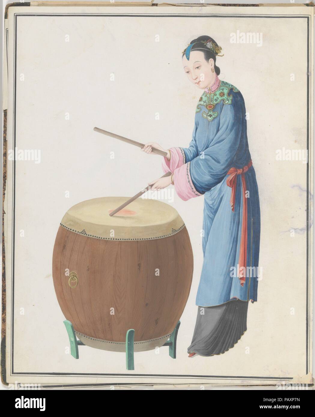 Aquarelle de musicien jouant jingu. Culture : le chinois. Dimensions : hors tout : 43.2 x 35.6 x 1.3cm (17 x 14 x 1/2 in.). Date : fin du 18e siècle. Musée : Metropolitan Museum of Art, New York, USA. Banque D'Images