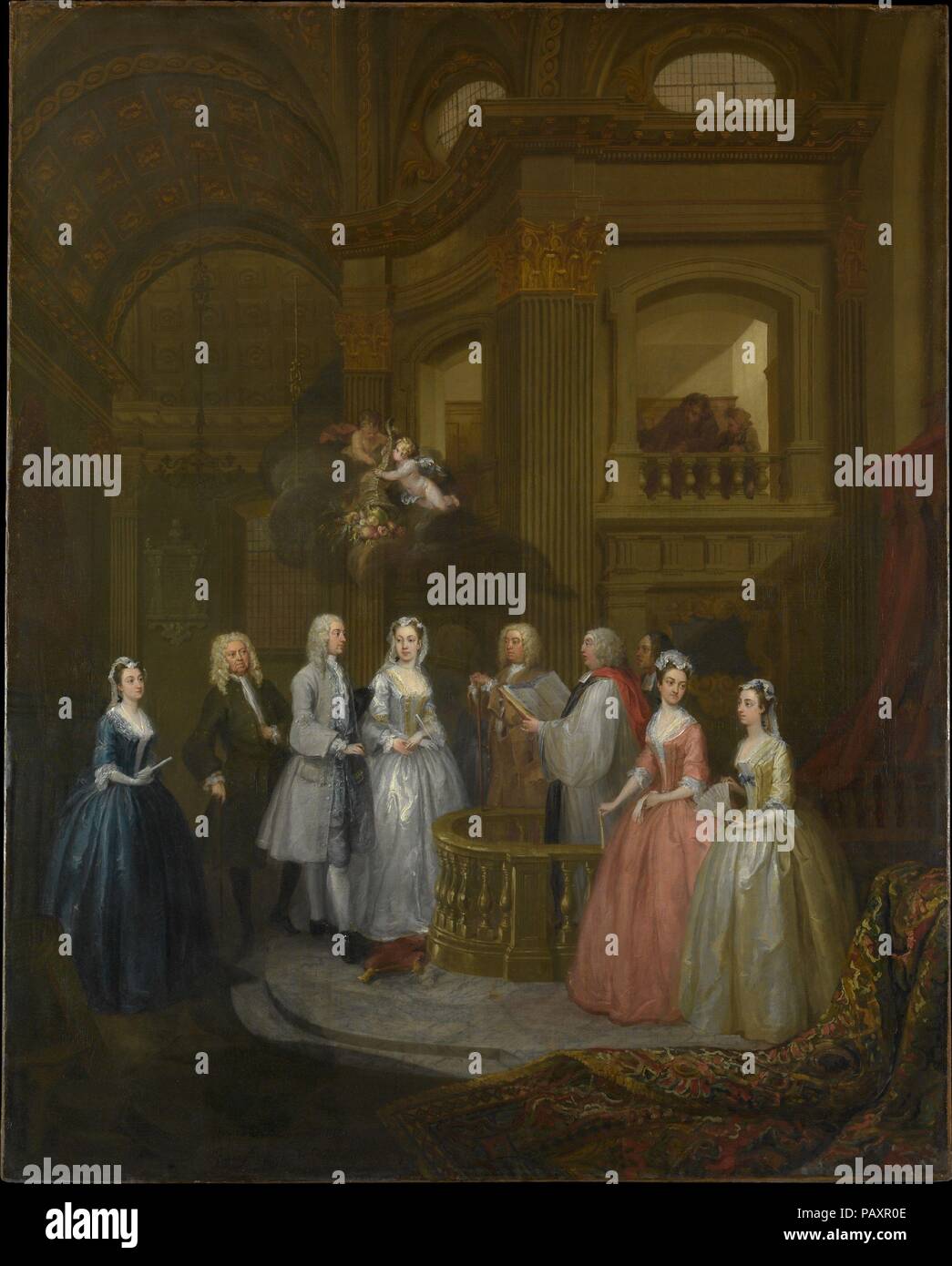Le mariage de Stephen Beckingham et Mary Cox. Artiste : William Hogarth (britannique, Londres 1697-1764 Londres). Dimensions : 50 1/2 x 40 1/2 in. (128,3 x 102,9 cm). Date : 1729. Ce mariage est l'un des premiers essais de l'artiste dans le quartier à la mode le genre du morceau de conversation. Beckingham, un avocat de Londres, et son épouse sont flanquées par des membres de leur famille. Le mariage a eu lieu à St Benet's mais le réglage est basé sur l'église de Saint Martin-dans-le-champs à Trafalgar Square. Bien que Hogarth a été recherché pour sa capacité à capturer une ressemblance, le solennel événement présenté ici semblent Banque D'Images