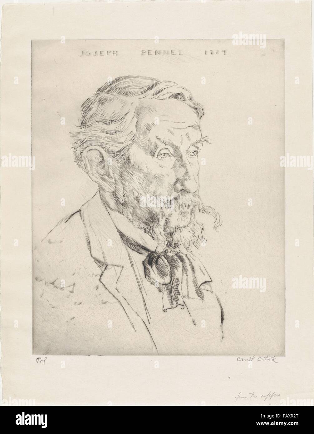 Joseph Pennell, 1924. Artiste : Emil Orlik (Prague, Berlin 1870-1932 austro-hongrois). Fiche technique : Dimensions : 12 5/8 x 9 3/4 in. (32,1 x 24,8 cm) plaque : 10 x 8 in. (25,4 x 20,3 cm). Sitter : Portrait de Joseph Pennell (American, Philadelphia, Pennsylvania New York 1857-1926). Date : 1924. Musée : Metropolitan Museum of Art, New York, USA. Banque D'Images