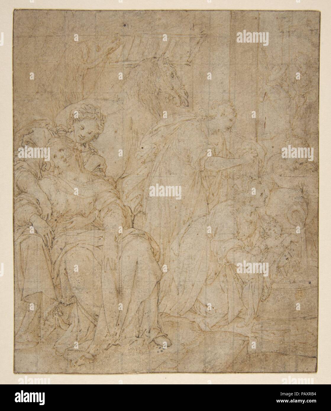 La naissance de Saint François d'assise. Artiste : Camillo Procaccini (Italien, Milan Bologne 1555-1629). Dimensions : 6 1/8 x 5 3/16 in. (15,6 × 13,1 cm). Date : 1555-1629. Attribué à Giovanni Santi par Jacob Bean, l'objet rare de ce dessin avec 'La Naissance de Saint François' a été identifié par Nancy Ward Neilson (1979) : la mère de Francis, une dame de la haute, a souhaité donner naissance à son premier enfant dans l'étable de la maison familiale en souvenir de l'humble naissance de Jésus. Dans l'arrière-plan est visible le pèlerin mystérieux visiteur qui, selon la légende, Franciscain Banque D'Images