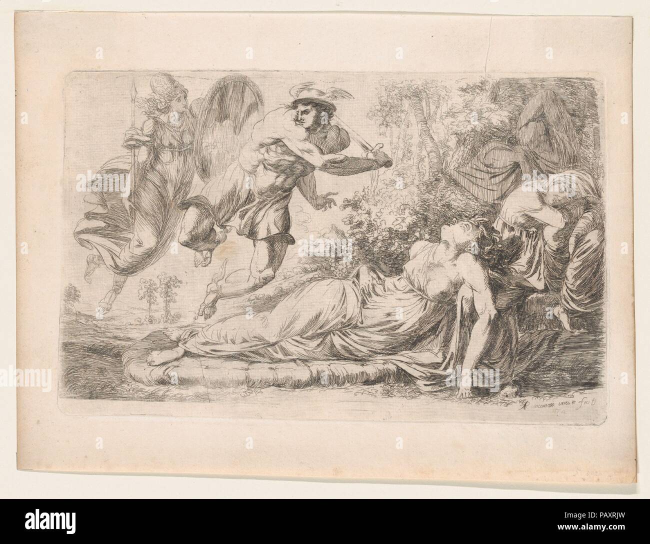 Persée et la méduse à dormir. Artiste : Alexander Runciman (British, Édimbourg, Écosse Edinburgh 1736-1785). Dimensions : Plaque : 6 × 9 7/16 15/16 in. (16,3 × 25,2 cm) Feuille : 8 × 7/16 11 5/16 in. (21,5 × 28,8 cm). Date : 1774. Musée : Metropolitan Museum of Art, New York, USA. Banque D'Images