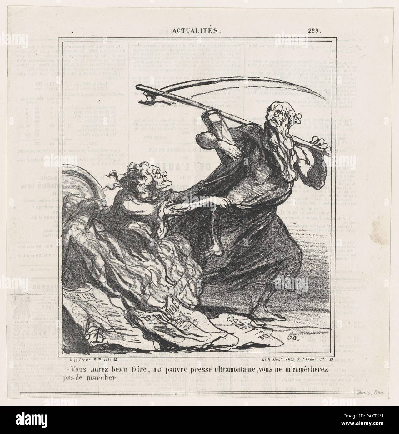 Faites ce que vous aimez, mon pauvre presse ultramontaine. Vous ne m'empêche pas de marcher, de 'Nouvelles du jour", publié dans Le Charivari, le 5 décembre 1866. Artiste : Honoré Daumier (Français, Marseille 1808-1879) Valmondois. Dimensions : Image : 9 5/16 in. × 8 in. (23,6 × 20,3 cm) feuille : 11 5/8 × 11 7/16 po. (29,5 × 29 cm). Imprimante : Destouches (Paris). Editeur : Arnaud de Vresse. Series/portefeuille : "Nouvelles du jour" (Actualités). Date : 5 décembre 1866. Musée : Metropolitan Museum of Art, New York, USA. Banque D'Images