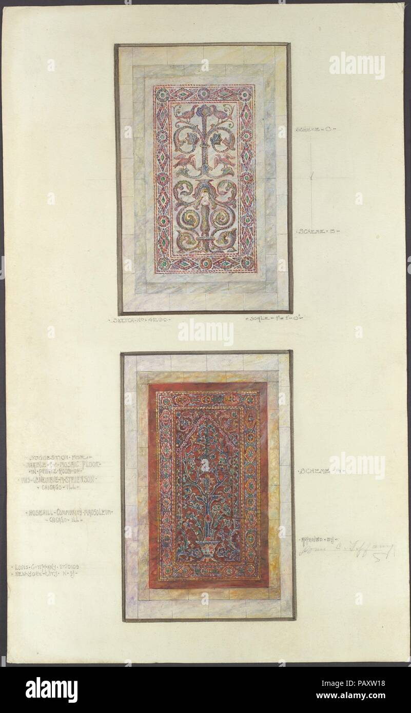 Suggestion pour marbre et mosaïque. Artiste : Louis Comfort Tiffany (1848-1933, New York New York). Culture : L'Américain. Dimensions : d'autres (Design) : 19 x 11 1/4 à 13/16. (48,9 x 30 cm). Bouilloire : Louis C. Tiffany Studios Corporation, 1932-ca. 1938. Date : ca. 1932-1933. Ce dessin comprend trois suggestions pour un sol en mosaïque de marbre et de la salle privée de Mme Geneviève M. Stevenson (ca. 1875-1941) dans la Communauté Rosehill mausolée à Chicago. Tiffany a été fortement inspirée par des éléments décoratifs islamiques et symbolisme dans ces modèles. Dans l'art islamique, le paradis est représenté comme un walle Banque D'Images