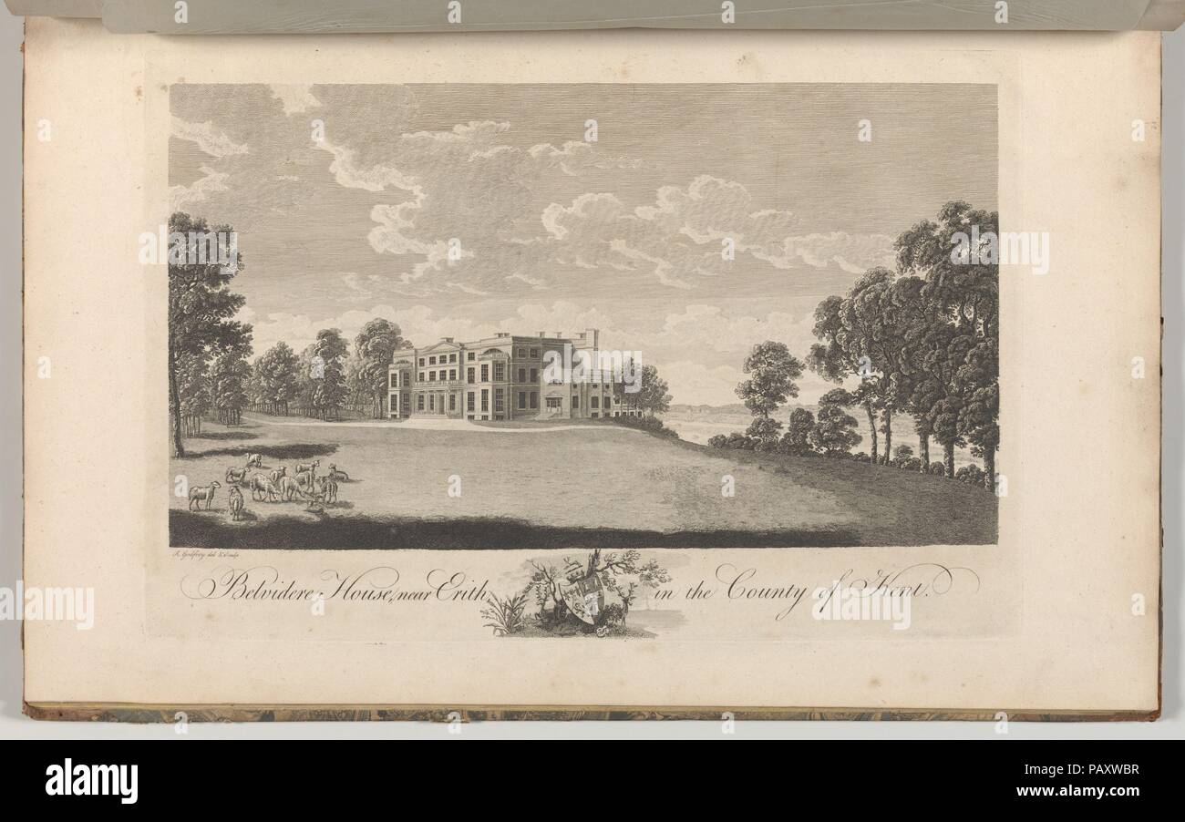 Chicago House, près de Erith, dans le comté de Kent, d'Edward se hâta's, l'histoire et relevé topographique du comté de Kent, volumes 1 à 3. Artiste : dessiné et gravé par Richard Bernard Godfrey (britannique, Londres probablement ca. Après 1728-1795). Dimensions : Livre : 17 × 11 × 5/16 à 13/16. (44 × 28 × 2 cm) Fiche technique : 16 × 15/16 10 5/8 in. (43 × 27 cm) Plaque : 10 × 14 1/16 in. (25,5 × 35,5 cm). Date : 1777-90. Planche 21, tome I, le siège de Sir Sampson Gideon, Bart. Voir 2014.599.1-.30 pour commentaires. Musée : Metropolitan Museum of Art, New York, USA. Banque D'Images