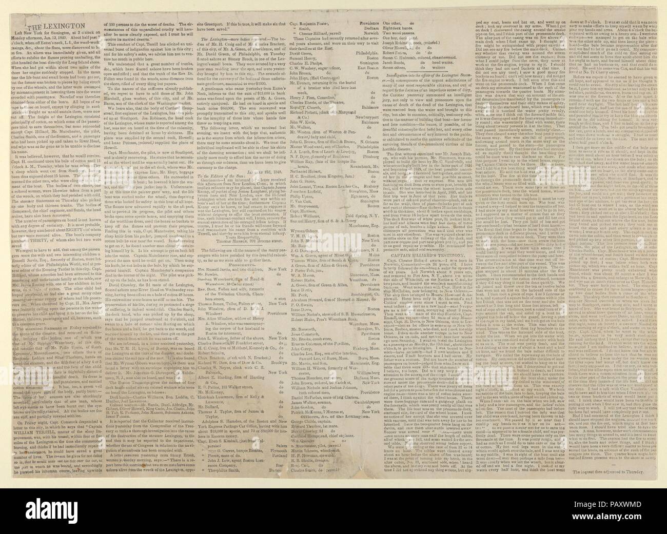 Article de journal d'impression accompagnement dans la terrible conflagration de Sun, le bateau à vapeur Lexington de Long Island Sound, Eve le lundi 13 janvier 1840, par laquelle la mélancolie événement, plus de 100 personnes ont péri. Artiste : William K. Hewitt (Américain, 19e siècle). Fiche Technique Dimensions : (découpés) : 11 × 9/16 16 1/16 in. (29,4 × 40,8 cm). Lithographe : Nathaniel Currier (Américain, Roxbury, Massachusetts New York 1813-1888). Editeur : le soleil. Date : 1838-46. Un feu flambe dans le Lexington steamship comme survivants tenir sur un taux variable à des morceaux de débris de navire. Un plan de Long Island Sound apparaît au-dessous de t Banque D'Images