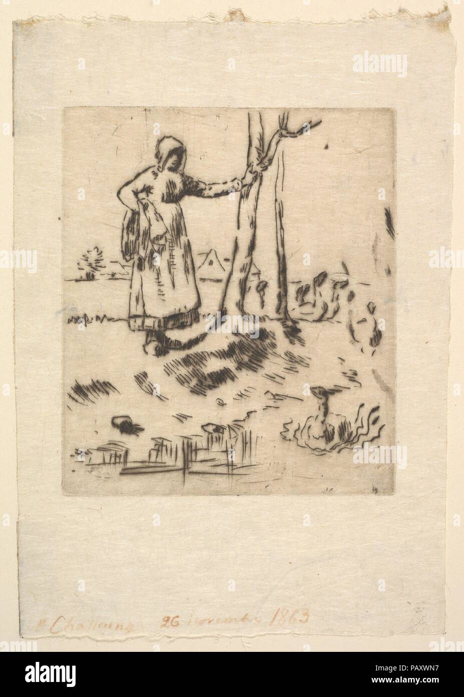 La fille de l'OIE. Artiste : Jean-François Millet (Gruchy, français 1814-1875) Barbizon. Dimensions : plaque : 5 9/16 x 4 3/4 in. (14,2 x 12,1 cm) : Feuille 8 7/8 x 6 1/8 in. (22,5 x 15,5 cm). Date : 1830-75. Musée : Metropolitan Museum of Art, New York, USA. Banque D'Images