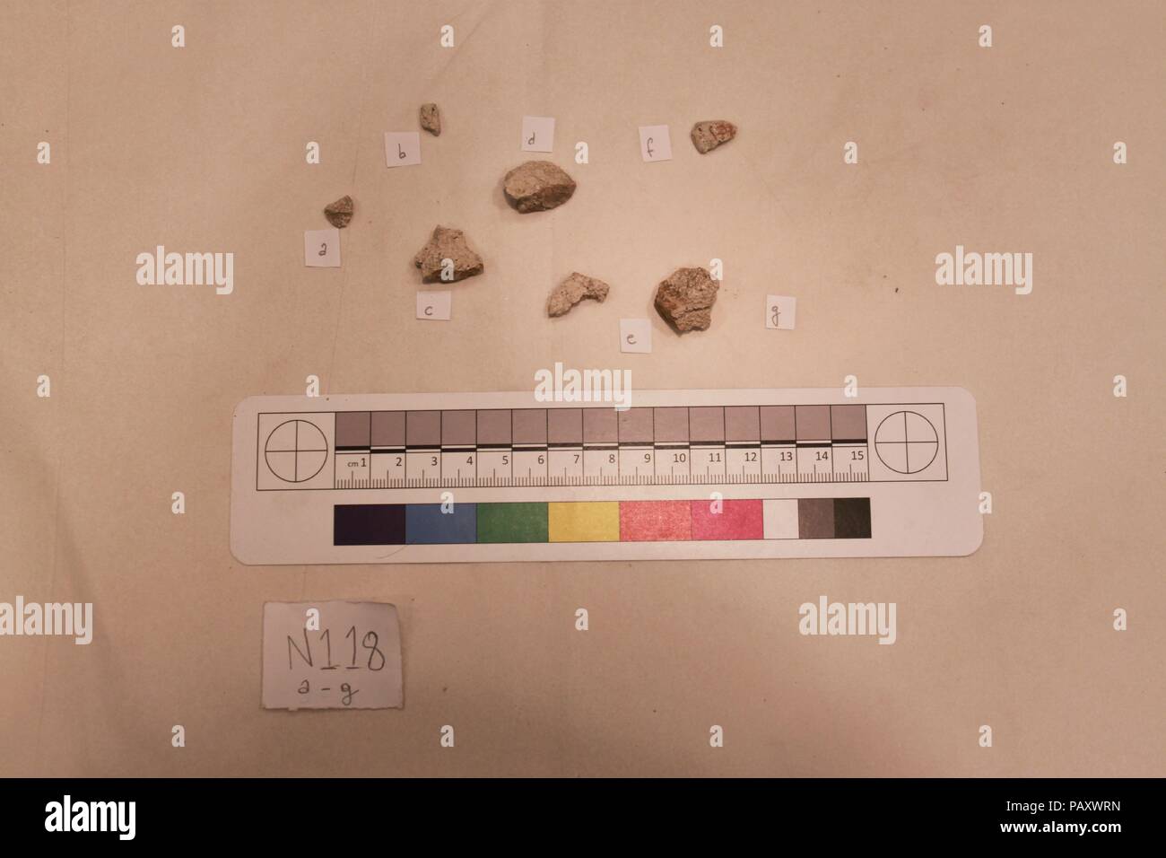 Fragment. Dimensions : a : 0,5 cm x 0,8 x 0,4 cm x B : .8 .4 .4 x c : 1,5 cm, .8, 1.8 d : 2 cm x 1.1 x 1.4 e : 1 x 0,5 x 1,6 f : 1,2 cm x 0,2 x 0,8 g : 1 x 0,8 x 1,1 cm. Date : probablement 8ème-12ème siècle. Musée : Metropolitan Museum of Art, New York, USA. Banque D'Images