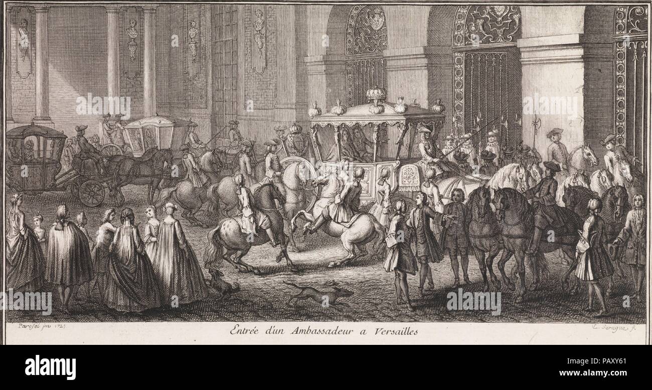 Grand escalier du chateau de Versailles dit Escalier des Ambassadeurs. Auteur : Écrit par L. C. LeFevre (Français). Designer : Conçu par Charles Le Brun (français, Paris 1619-1690 Paris) ; conçu par Jean Michel Chevotet (français, Paris 1698-1772 Paris) ; conçu par Charles Antoine Coypel (français, Paris 1694-1752 Paris) ; conçu par Charles Parrocel (français, Paris 1688-1752 Paris). Dimensions : hors tout : 21 x 16 1/16 x 7/8 in. (53,5 x 40,7 x 2,3 cm). Graveur : gravée et publiée par Louis Surugue (français, Paris ca. 1686-1762 Grand Vaux), gravée par Charles Simonneau (Français, Orléans avant 1645- Banque D'Images