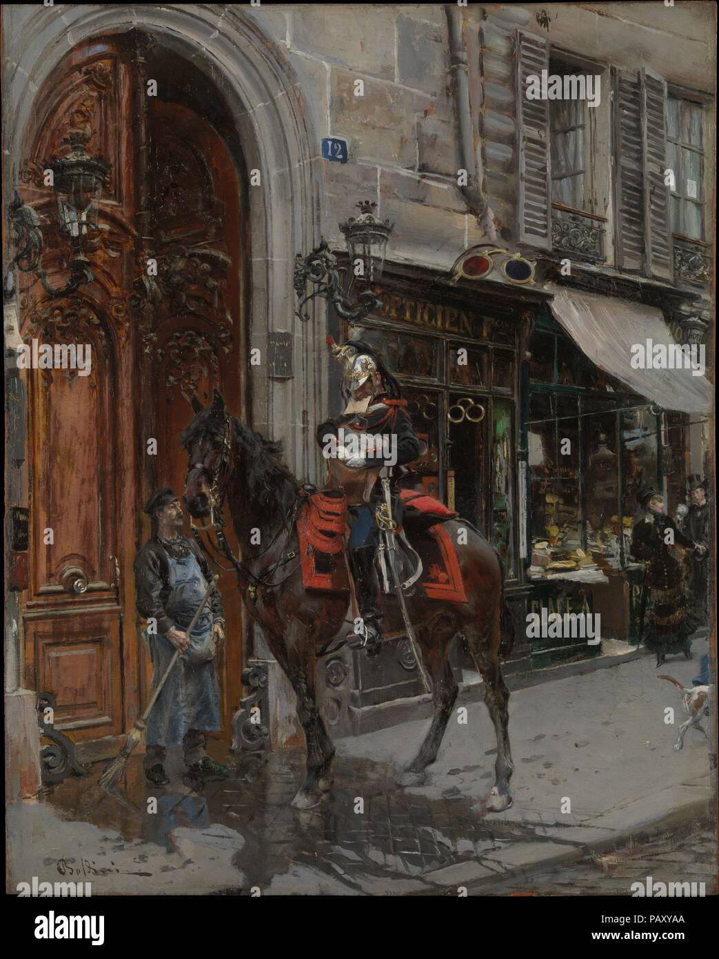 Le Dispatch-Bearer. Artiste : Giovanni Boldini (Italien, Ferrara 1842-1931 Paris). Dimensions : 16 3/4 x 13 1/2 in. (42,5 x 34,3 cm). Date : ?1879. Boldini fait ses débuts au Salon de 1879 avec cette vignette de la vie urbaine contemporaine. L'inscription en partie visible de la "garde républicaine" sur le sac du soldat indique qu'il est l'exécution de la correspondance au nom de la garde municipale parisienne. Il est arrivé si tôt que le concierge est encore le trottoir ; laver quelques soumissions qu'un adieu discret à droite. Spectacles à l'extérieur d'un grand magasin de l'opticien encourager les spectateurs à regarder de près Banque D'Images