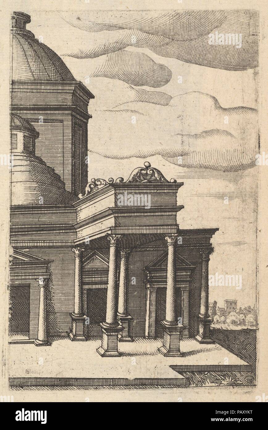 Vue partielle d'un bâtiment [Templum Veneris] à partir de la série "Ruinarum fabricarum delineationes pictoribus caeterisque variarum id genre artificibus multum utiles'. Artiste : Lambert Suavius, Russisch (ca. 1510-par 1576) ; après une impression précédemment attribué au capitaine A.G. (Italien, actif ca. 1535). Dimensions : Plaque : 5 3/16 x 3 7/16 in. (13,2 x 8,7 cm). Date : ca. 1572. Perspective de l'inscription de la moitié droite d'un palais ou un temple, a suggéré d'être le 'Tenplus [sic] Veneris", situé dans un paysage stylisé. Le bâtiment est caractérisé par une tour en forme de dôme sur la baie centrale. Le droit sid Banque D'Images