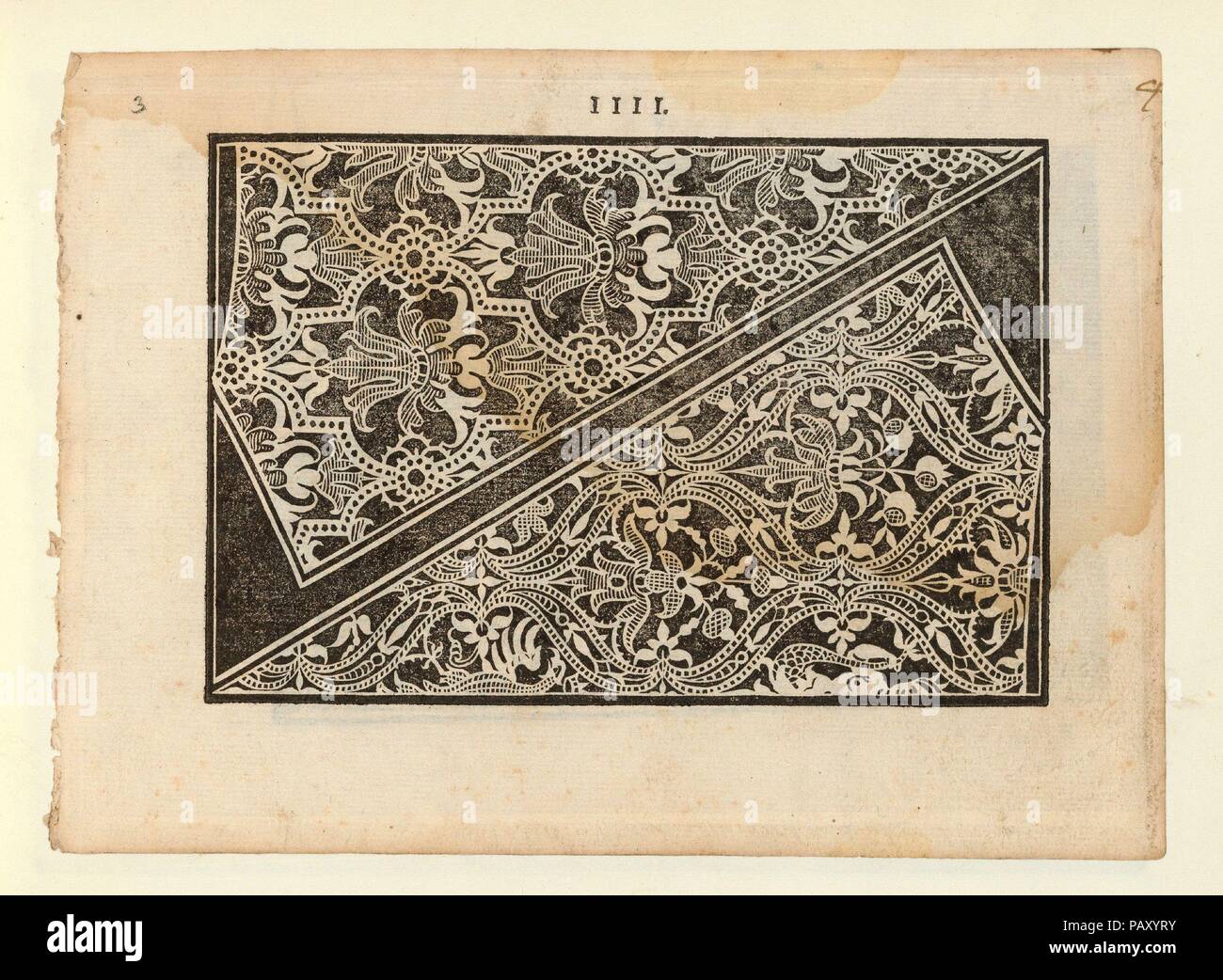 Prima parte de' Fiori, page 4 (recto). Auteur : Giovanni Battista Ciotti (Italien, né Sienne, ca. 1560). Dimensions : hors tout : 6 11/16 x 9 1/16 in. (17 x 23 cm). Imprimante : Nicolo Moretti , Venise. Publié dans : Venise. Editeur : Francesco de' Franceschi (Italien, actif 16e siècle). Date : 1591. Écrit par Giovanni Battista Ciotti, imprimé par Nicolo Moretti, Venise, publié par Francesco de' Franceschi, Italien, actif 16ème siècle. De haut en bas, et de gauche à droite : Conception divisé en 2 sections qui sont séparés par une ligne noire de triangles aux extrémités. La section supérieure est décorée Banque D'Images