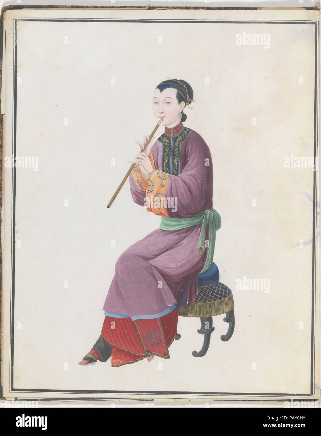 Aquarelle de musicien jouant xiao. Culture : le chinois. Dimensions : hors tout : 43.2 x 35.6 x 1.3cm (17 x 14 x 1/2 in.). Date : fin du 18e siècle. Musée : Metropolitan Museum of Art, New York, USA. Banque D'Images