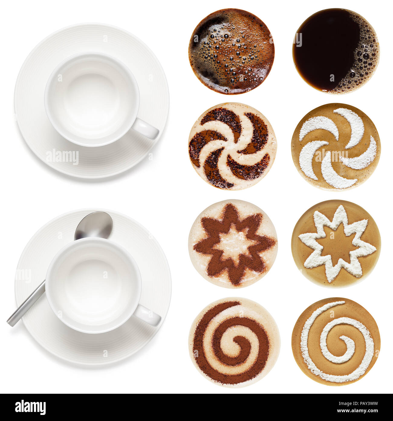 Vue de dessus du café chaud (l'expresso, cappuccino, latte), isolé sur le fond blanc. Banque D'Images