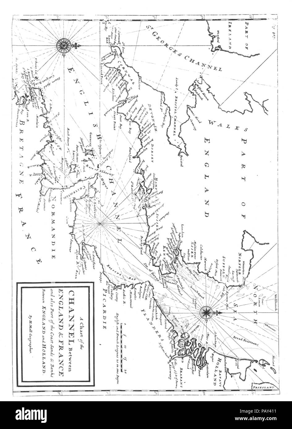 Carte de la Manche par H. Moll. Britanniques, au début du xviiie siècle. Banque D'Images