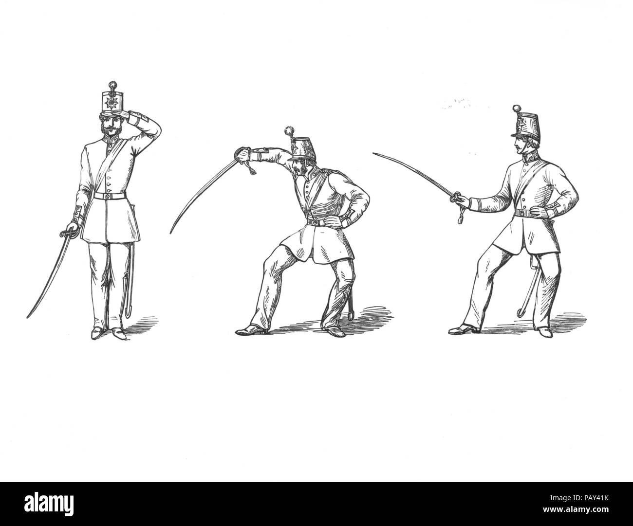 Gravure intitulée 'le salut de l'officier ; la position de la garde ; et la position de la garde extérieure. Tiré de l'exercice épée d'infanterie 1842 Banque D'Images