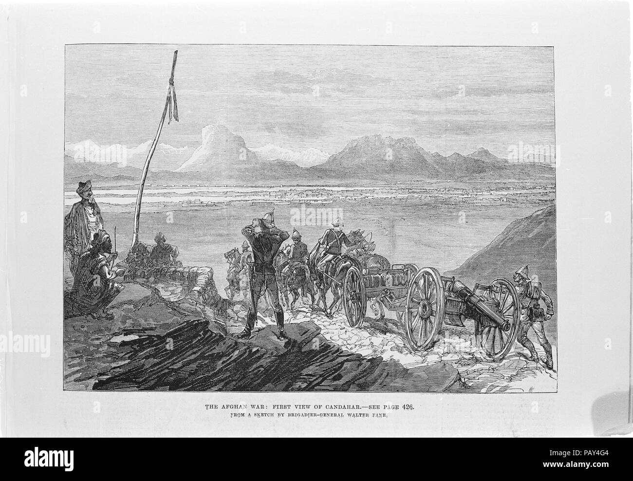 Gravure intitulée "La guerre d'Afghanistan. Première Vision de Candahar [Kandahar]' montrant sur l'artillerie britannique de mars. D'après un croquis par le Brigadier-général Walter Vane. À partir de l'Illustrated London News (1879) Banque D'Images