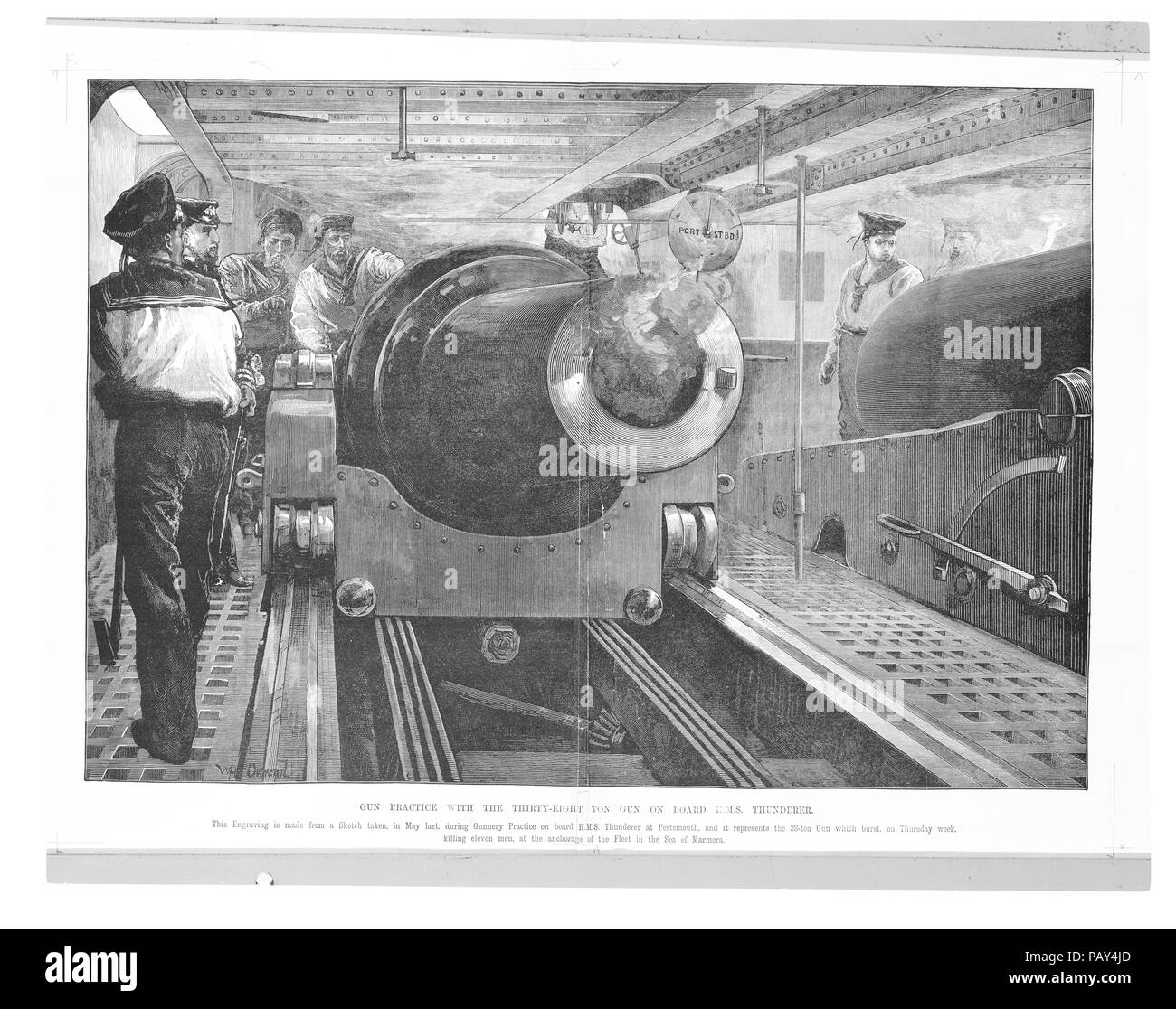 Gravure intitulée "La pratique des armes à feu avec les trente huit tonnes gun à bord du HMS Thunderer". À partir de l'Illustrated London News. 74 (25 janvier 1879) Banque D'Images