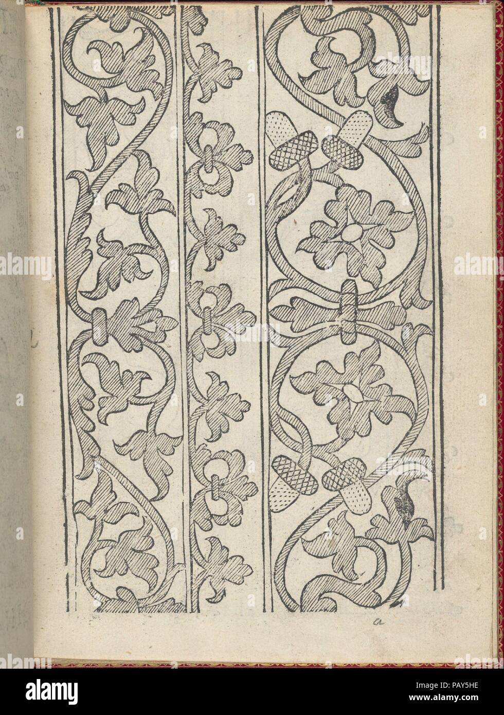 Il Monte. Opera Nova di Recami, page 2 (recto). Classeur : Chambolle-Duru (Français, 19ème siècle). Designer : Giovanni Antonio Bindoni. Dimensions : hors tout : 7 7/8 x 5 2/13 in. (20 x 14,5 cm). Editeur : Giovanni & Marchio Sessa (Italien, actif 1557) , Venise. Date : après 1557. Conçu par Giovanni Antonio Bindoni, publié par Giovanni & Marchio Sessa, Venise, lié par Chambolle-Duru, Français, 19e siècle. De haut en bas, et de gauche à droite : Design composé de 3 colonnes verticales. Colonne de gauche est décoré avec des vignes en courbe avec des feuilles qui s'attachent à un élément floral central. Colonne du milieu est Banque D'Images