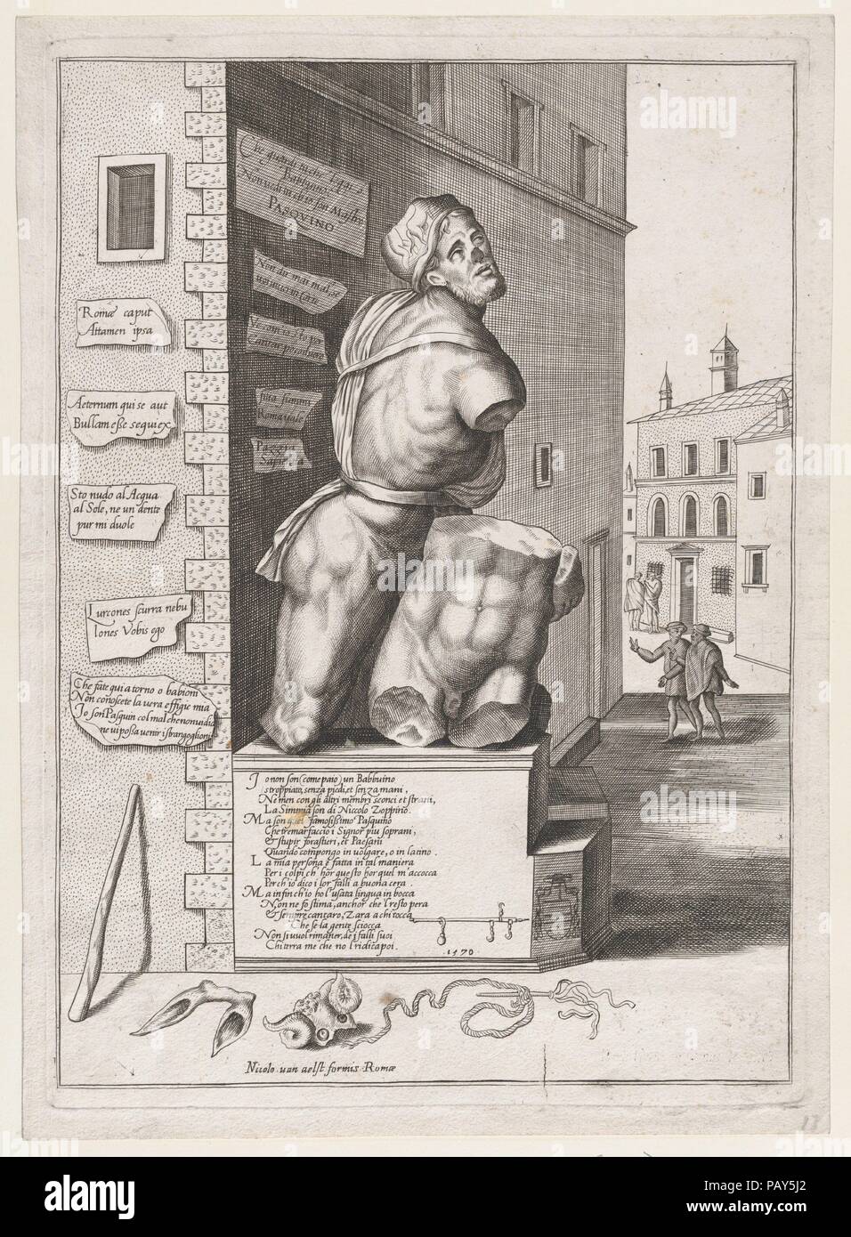 Statue de Pasquin dans la maison du Cardinal Ursino. Artiste : Après Nicolas Beatrizet (Français, Lunéville 1515-ca. Rome 1566 ( ?)). Fiche technique : Dimensions : 16 3/4 x 12 3/16 po. (42,5 x 31 cm) plaque : 15 15/16 x 11 7/16 po. (40,5 x 29 cm). Editeur : Nicolaus van Aelst (1526-1613) Bruxelles, Rome. Series/portefeuille : Speculum Romanae Magnificentiae. Date : publiés après 1582. Publié dans le cadre d'Antonio Lafreri Speculum Romanae Magnificentiae's (le miroir de la Magnificence romaine). Il est probable que les personnes qui ont acheté les impressions de Lafreri ont fait leurs propres sélections et les avait lié. Pour Banque D'Images