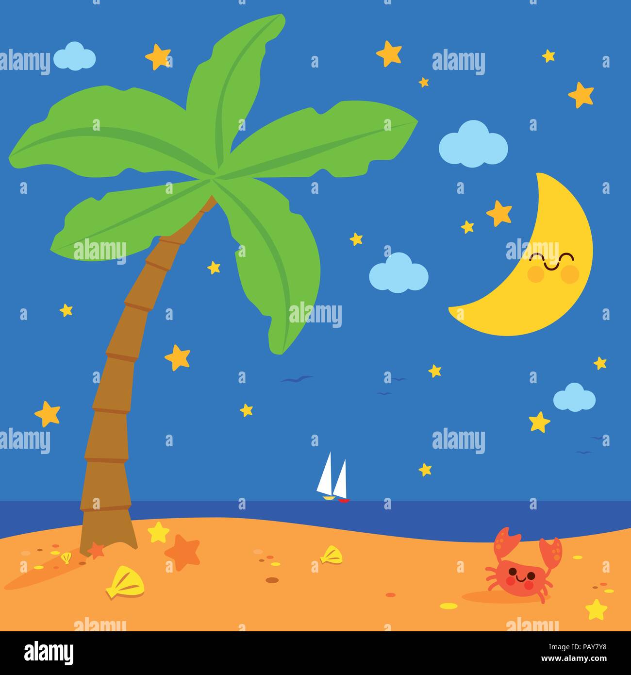 Plage tropicale avec palmiers et ciel étoilé. Vector illustration. Illustration de Vecteur