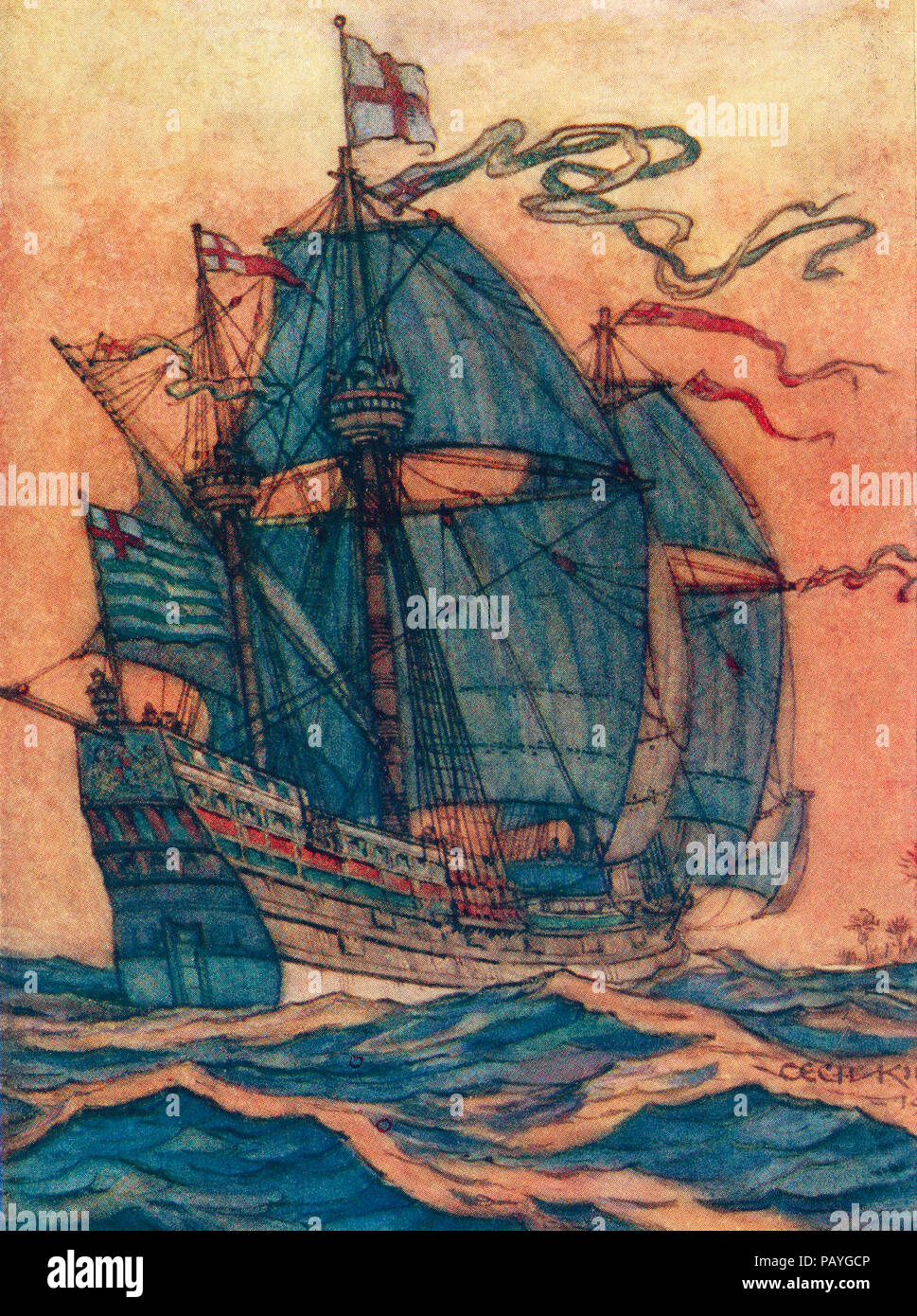 Sir Francis Drake's ship du Golden Hind. Du livre de navires, publié vers 1920. Banque D'Images